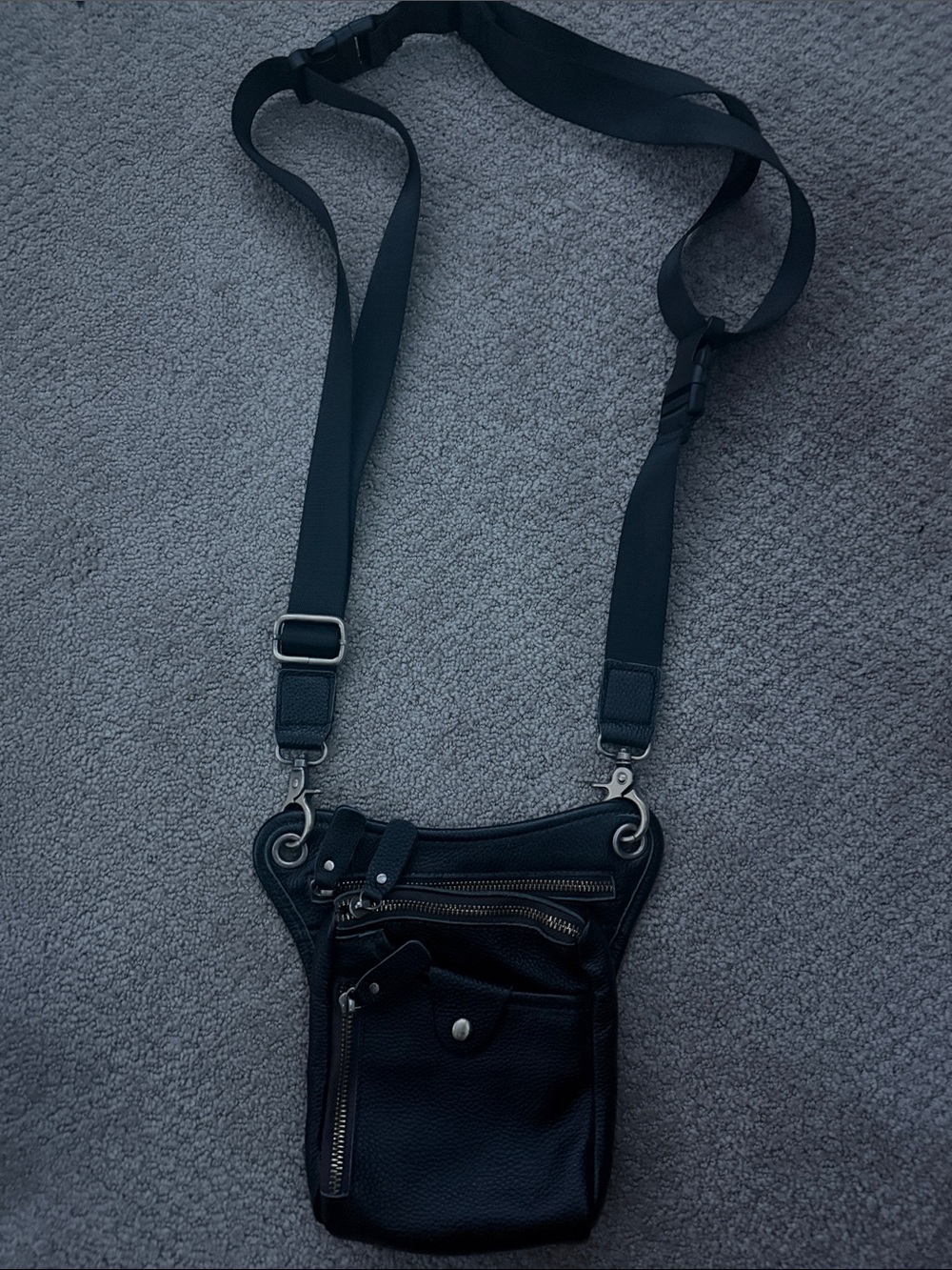 Black Leather Crossbody Utility Sling Bag